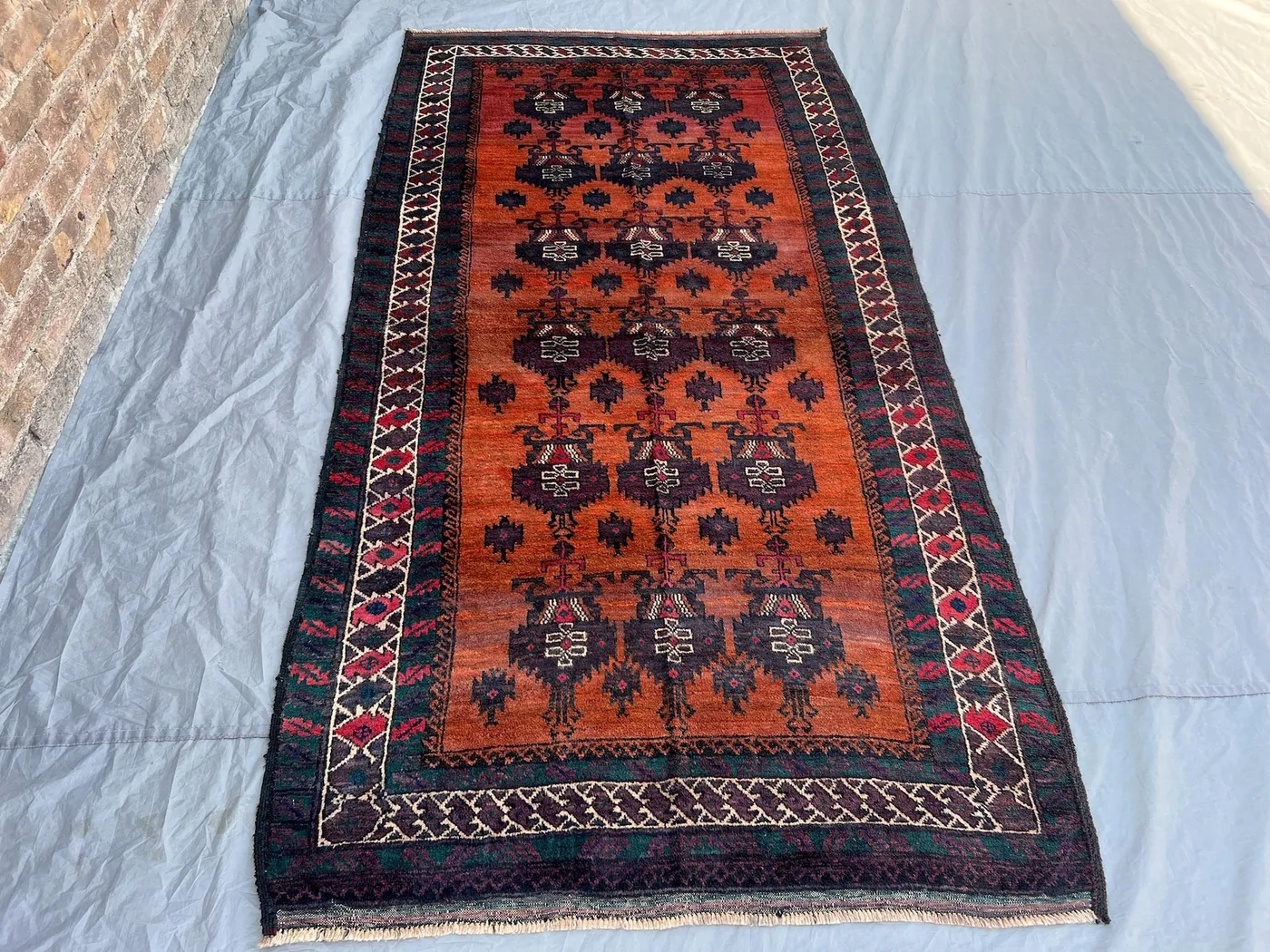 4'6x8'6 Ft Vintage Afghan Hand Knotted Wool Rug Burnt Orange Navy All Over Tribal Geometric Floral Motif Boho Living Room Bedroom Carpet