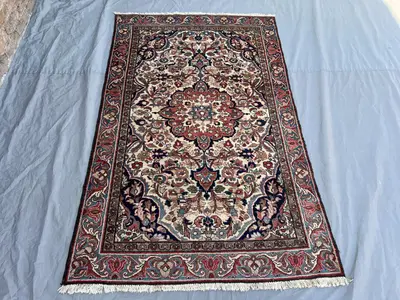 3'11x6'4 Ft Vintage Afghan Hand Knotted Wool Rug Ivory Floral Medallion Navy Red Blue Living Room Bedroom Dini