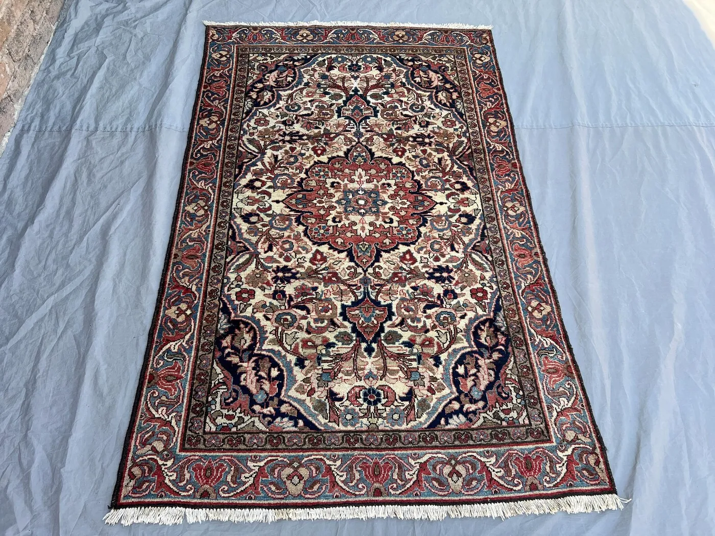 3'11x6'4 Ft Vintage Afghan Hand Knotted Wool Rug Ivory Floral Medallion Navy Red Blue Living Room Bedroom Dining Area Carpet