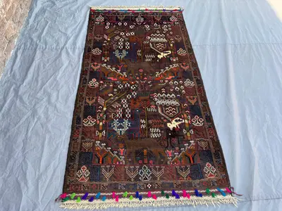 3'5x6'9 Vintage Afghan Hand Knotted Wool Tribal Rug Dark Brown Navy Animal Bird Tree of Life Folk Motif Boho H