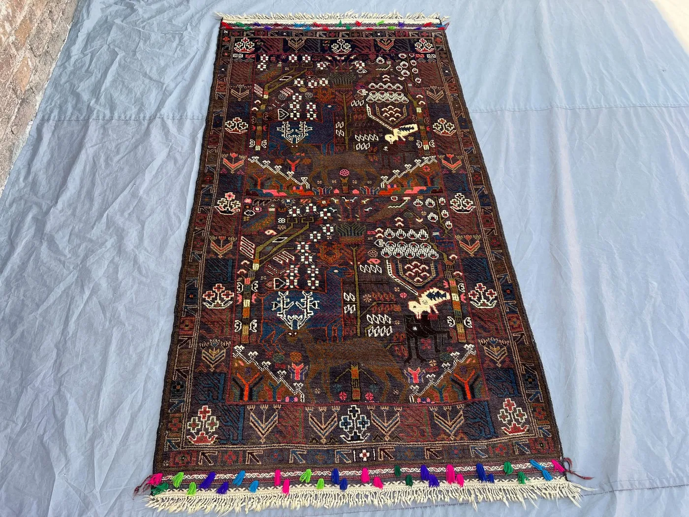 3'5x6'9 Vintage Afghan Hand Knotted Wool Tribal Rug Dark Brown Navy Animal Bird Tree of Life Folk Motif Boho Hallway Bedroom Accent Carpet