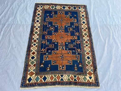 3'6x5 ft Vintage Afghan Kazak Style Rug | Bold Stepped Cross Medallion Hand Knotted Caucasian | Royal Blue Rus