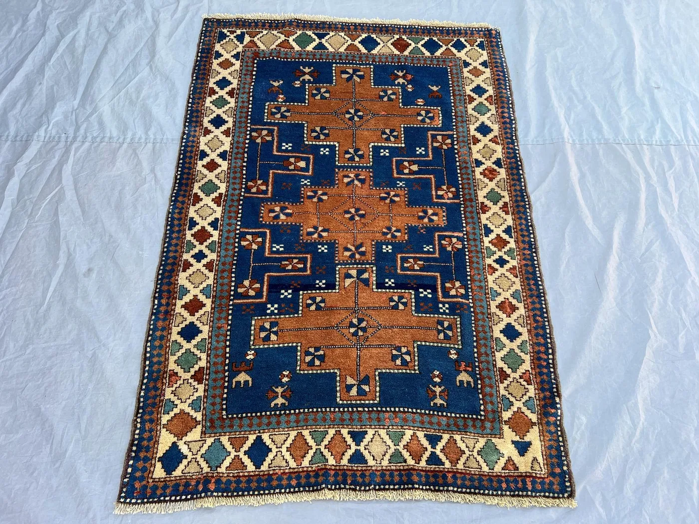 3'6x5 ft Vintage Afghan Kazak Style Rug | Bold Stepped Cross Medallion Hand Knotted Caucasian | Royal Blue Rust Brown Ivory | Boho Rug