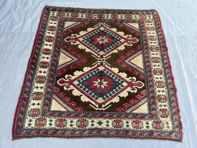 4'7x4'9 Ft Vintage Afghan Kazak Style Rug | Double Medallion Caucasian Tribal Hand Knotted | Brown Red Teal | 