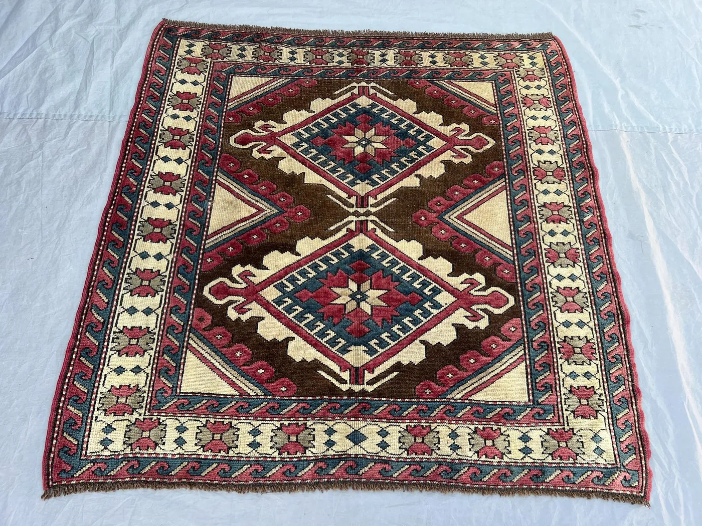 4'7x4'9 Ft Vintage Afghan Kazak Style Rug | Double Medallion Caucasian Tribal Hand Knotted | Brown Red Teal | Boho Living Room Accent Rug