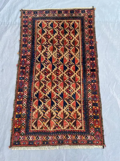2'4x4 ft Vintage Afghan Baluchi Style Rug | All Over Hooked Diamond Lattice Hand Knotted | Camel Red Navy | Bo