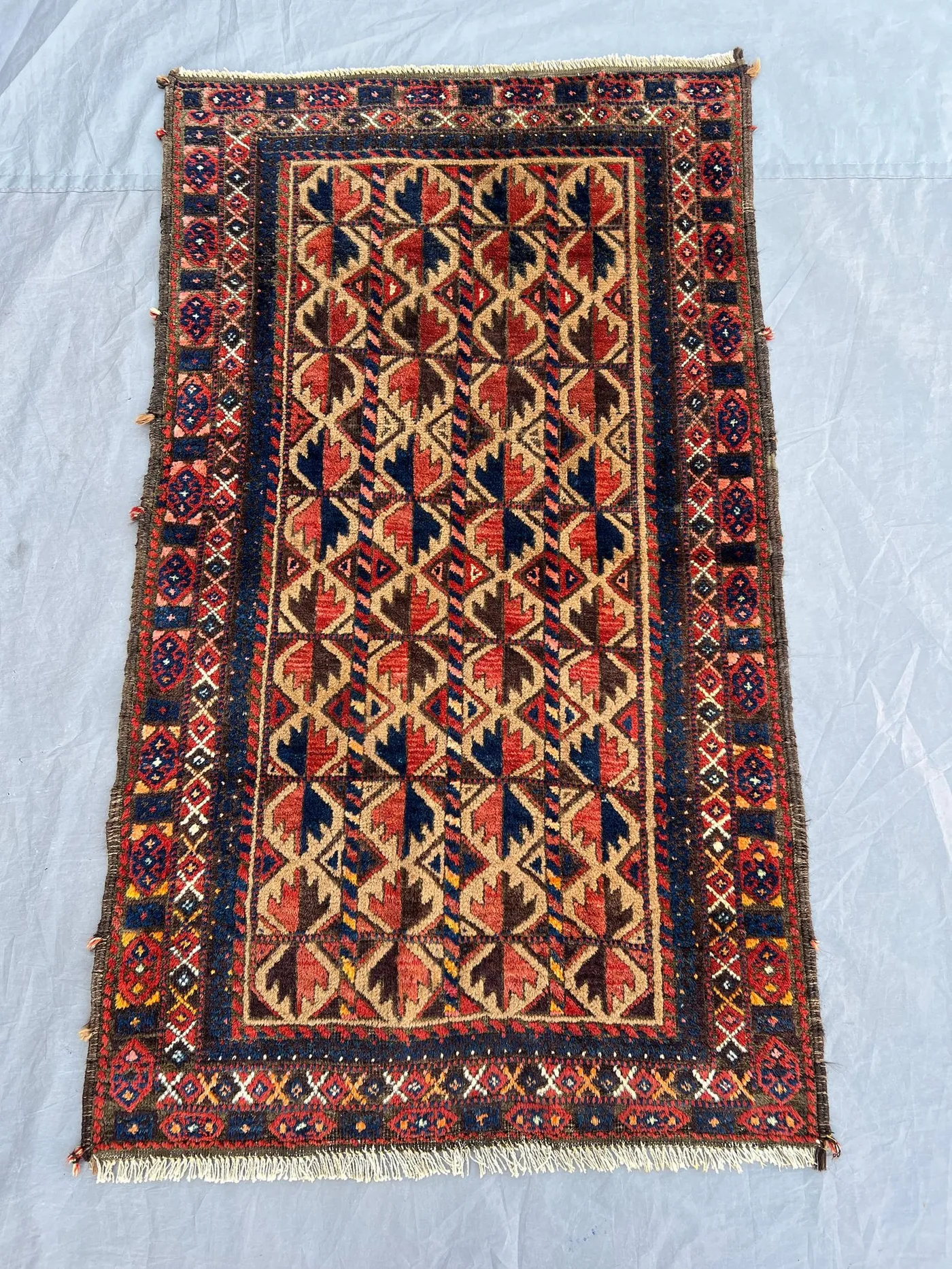 2'4x4 ft Vintage Afghan Baluchi Style Rug | All Over Hooked Diamond Lattice Hand Knotted | Camel Red Navy | Boho Accent Tribal Rug