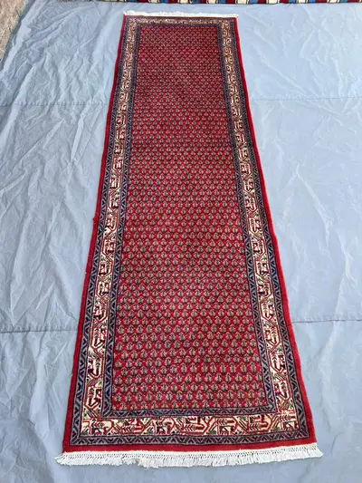 2'10x9'9 ft Vintage Afghan Mir Seraband Style Runner Rug | All Over Boteh Paisley Hand Knotted | Crimson Red I