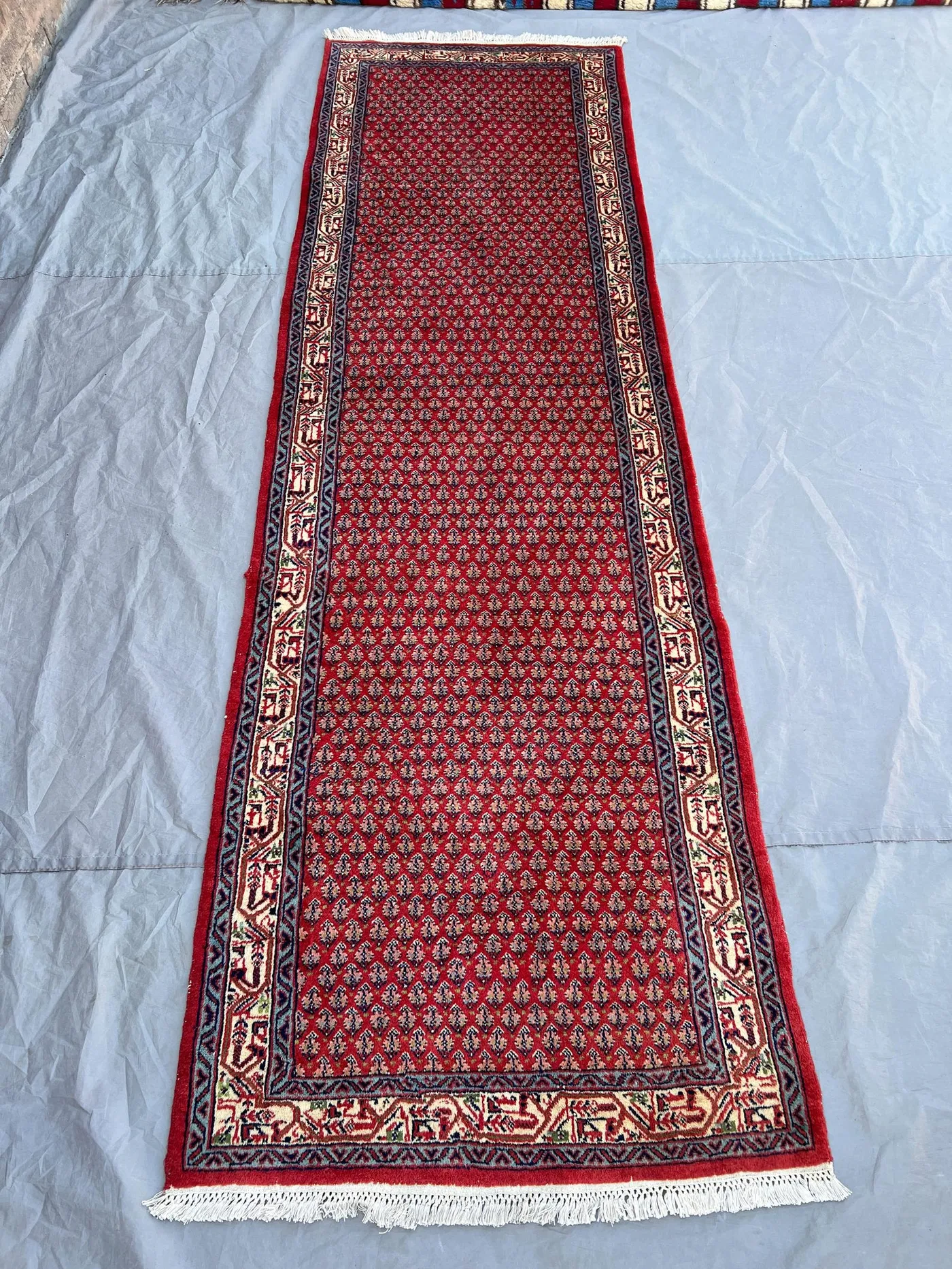 2'10x9'9 ft Vintage Afghan Mir Seraband Style Runner Rug | All Over Boteh Paisley Hand Knotted | Crimson Red Ivory Navy | Hallway Runner