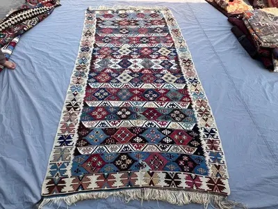 4'1x9'10 ft Vintage Afghan Kilim Rug | Handwoven Tribal Striped Diamond Row | Multicolor Flatweave | Area Rug 