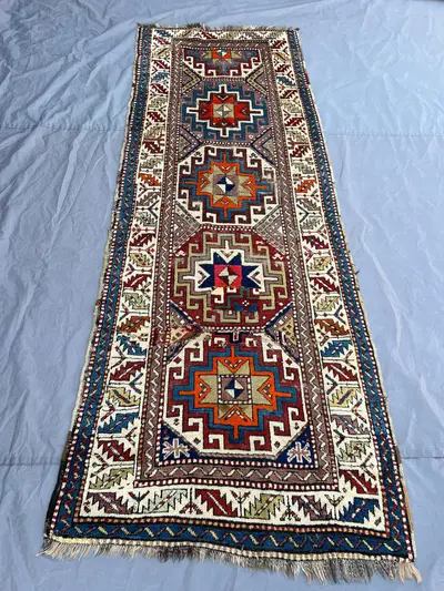 3x8 Antique Caucasian Kazak Design Runner | Hand Knotted Wool | Four Stepped Medallions | Ivory Multicolor Hal