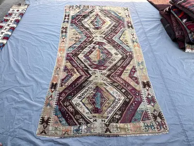 5'4x9'10 ft Antique Afghan Kilim Handwoven Tribal Diamond Medallion Chain Deep Burgundy & Faded Multicolor Fla