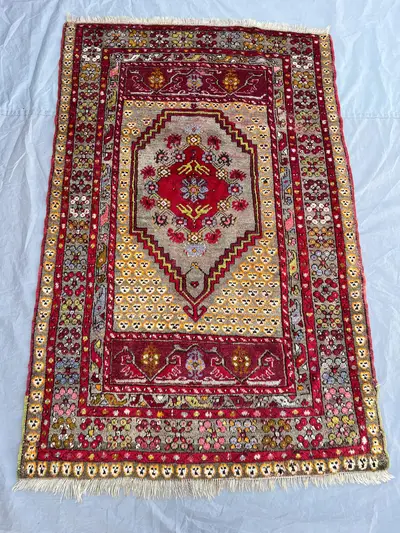 3'6x5'5 ft Vintage Afghan Turkish Anatolian Style Rug | Floral Medallion All Over Rosette Hand Knotted | Red G
