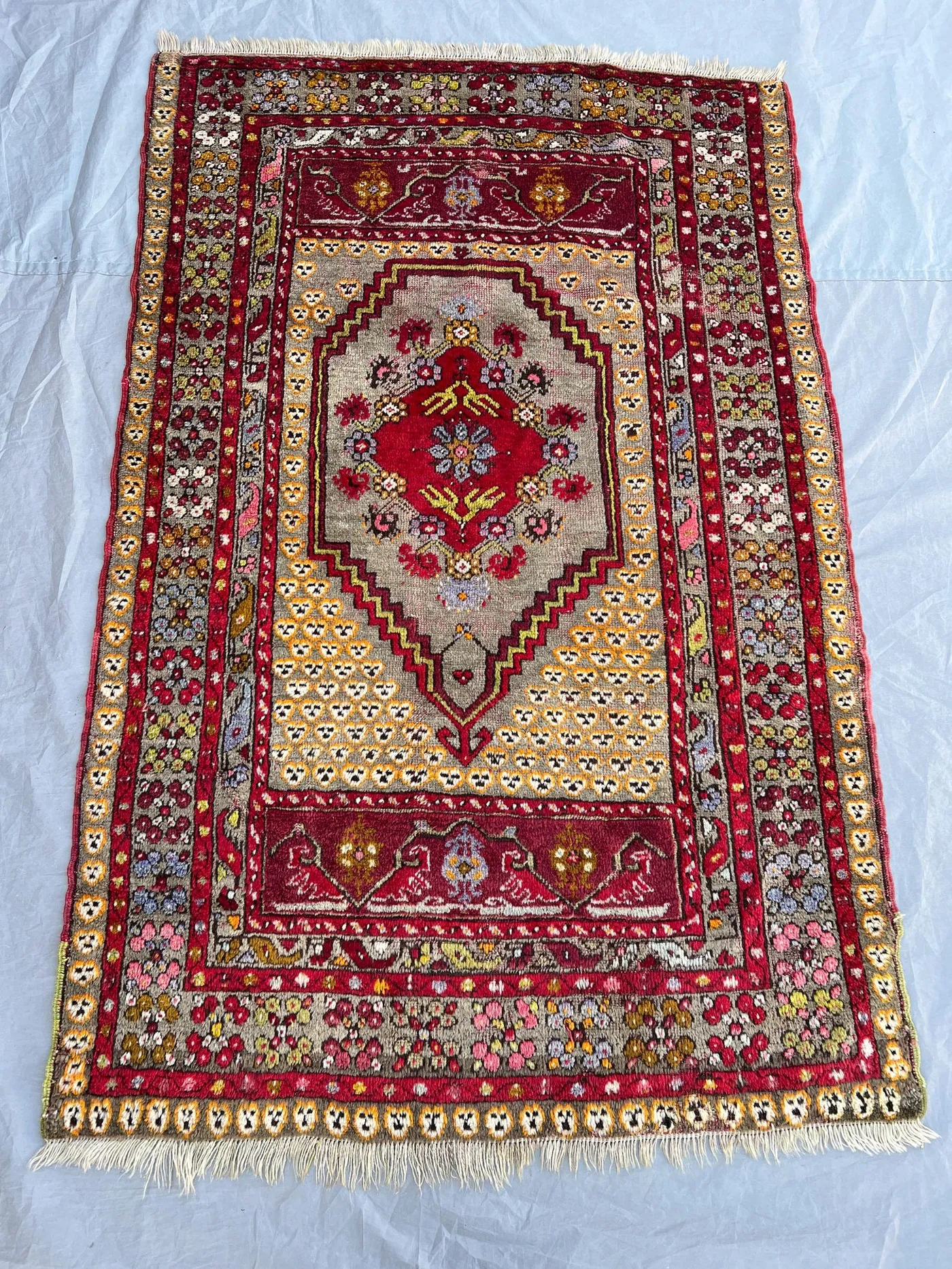 3'6x5'5 ft Vintage Afghan Turkish Anatolian Style Rug | Floral Medallion All Over Rosette Hand Knotted | Red Gold Lavender | Boho Accent