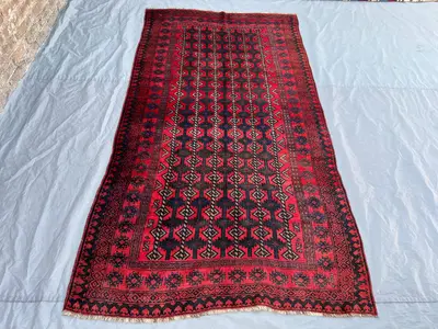 4'5x8'2 ft Vintage Afghan Baluchi Style Rug | All Over Geometric Chain Column Hand Knotted | Deep Red Dark Nav