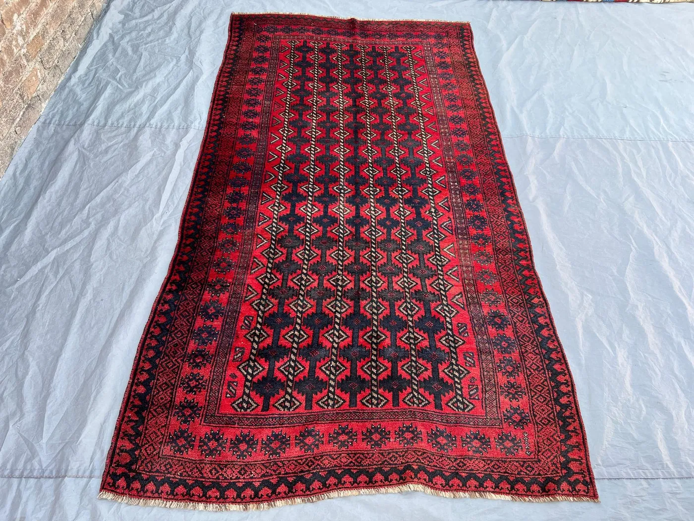 4'5x8'2 ft Vintage Afghan Baluchi Style Rug | All Over Geometric Chain Column Hand Knotted | Deep Red Dark Navy | Boho Living Room Rug