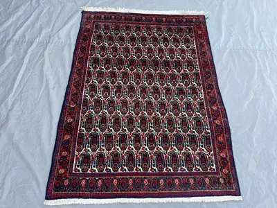 3'10x5'2 ft Vintage Afghan Boteh Paisley Rug | All Over Large Boteh Hand Knotted Ivory Field | Navy Red Ivory 