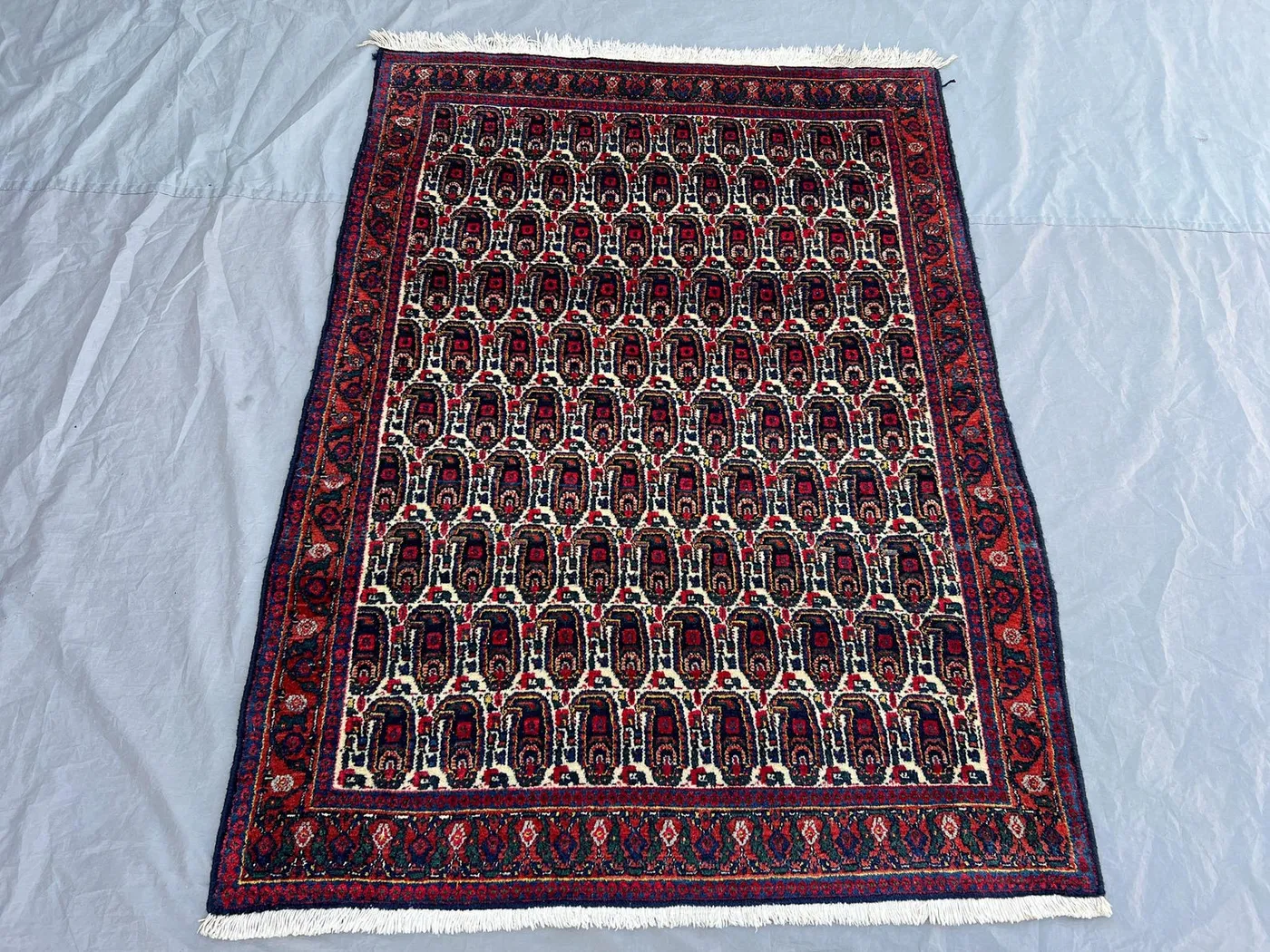 3'10x5'2 ft Vintage Afghan Boteh Paisley Rug | All Over Large Boteh Hand Knotted Ivory Field | Navy Red Ivory | Boho Living Room Rug