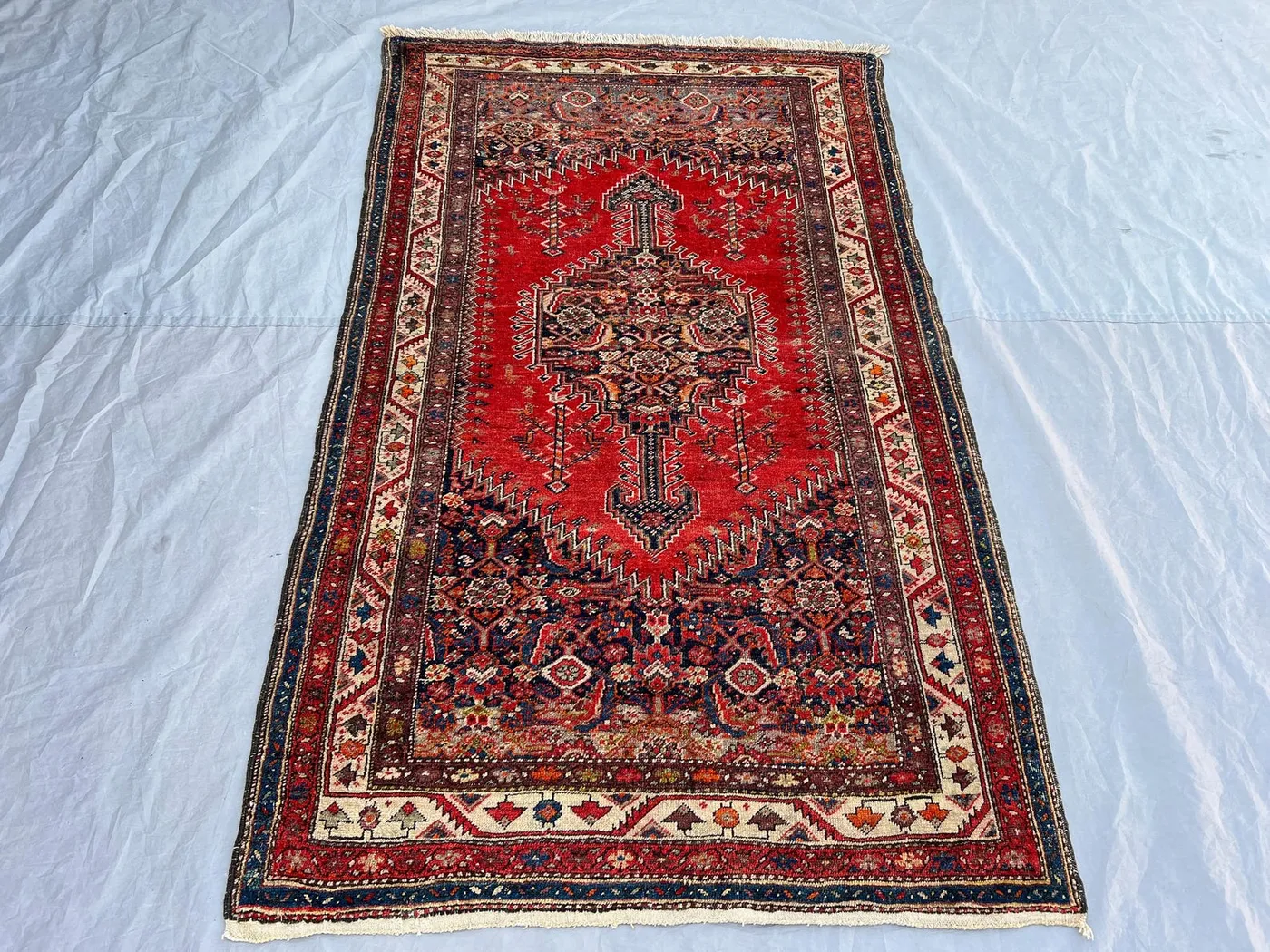 3'8x6 ft Vintage Afghan Tribal Rug | Elongated Floral Medallion Hand Knotted Qashqai Style | Vivid Red Navy Ivory | Boho Accent Rug
