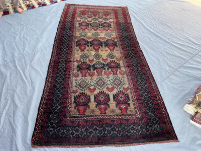 4'5x9'3 ft Vintage Afghan Baluchi Style Rug | All Over Tree of Life Vase Motif Hand Knotted | Camel Red Navy T