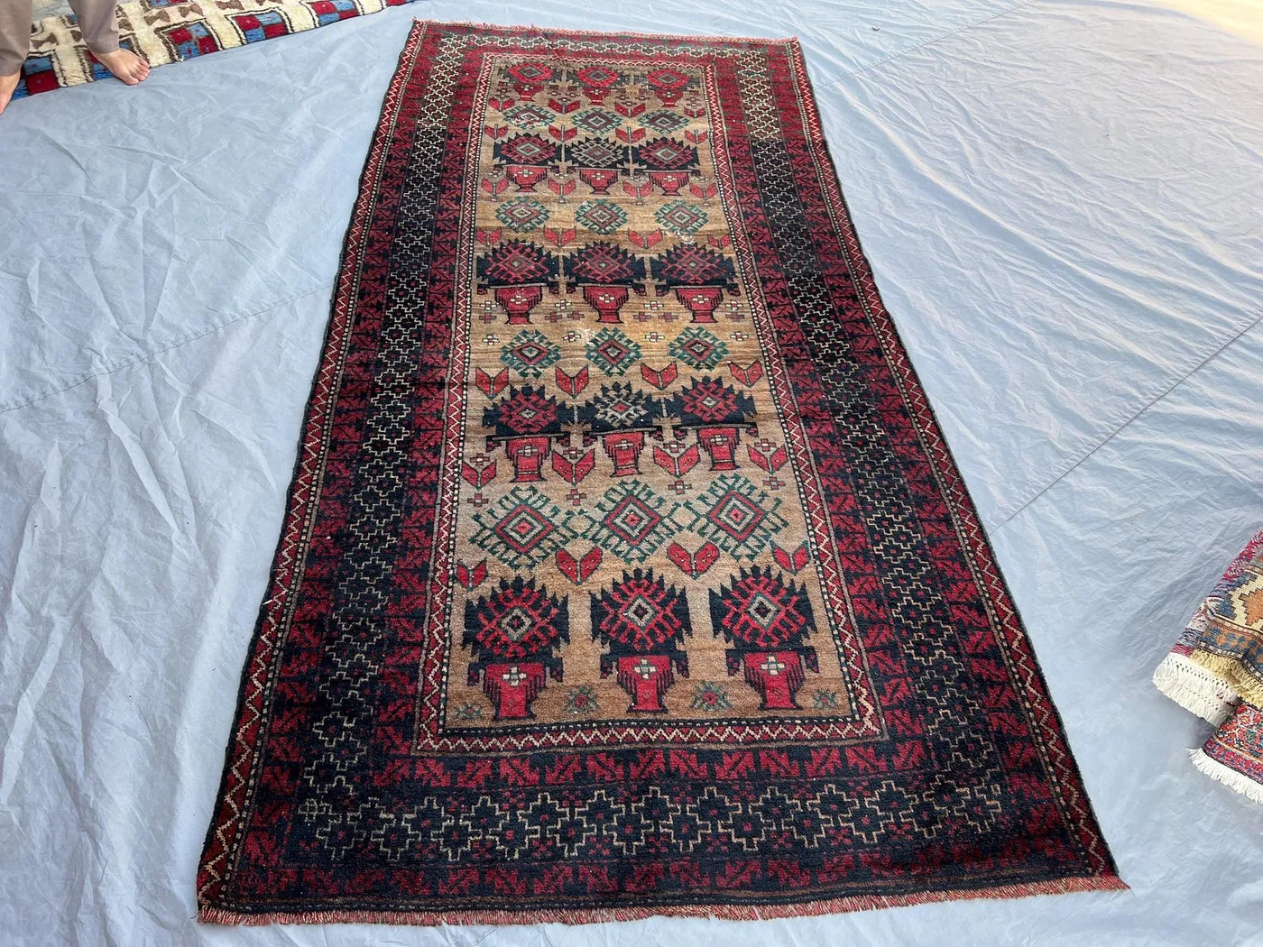 4'5x9'3 ft Vintage Afghan Baluchi Style Rug | All Over Tree of Life Vase Motif Hand Knotted | Camel Red Navy Teal | Boho Runner Area Rug
