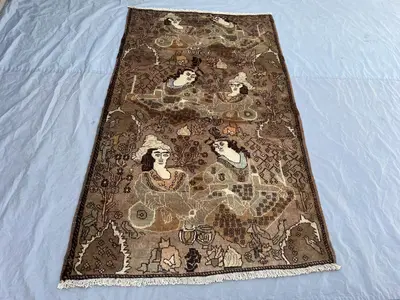 4x7 ft Vintage Afghan Pictorial Figurative Rug | Hand Knotted Courtly Garden Scene Human Figures | Brown Taupe