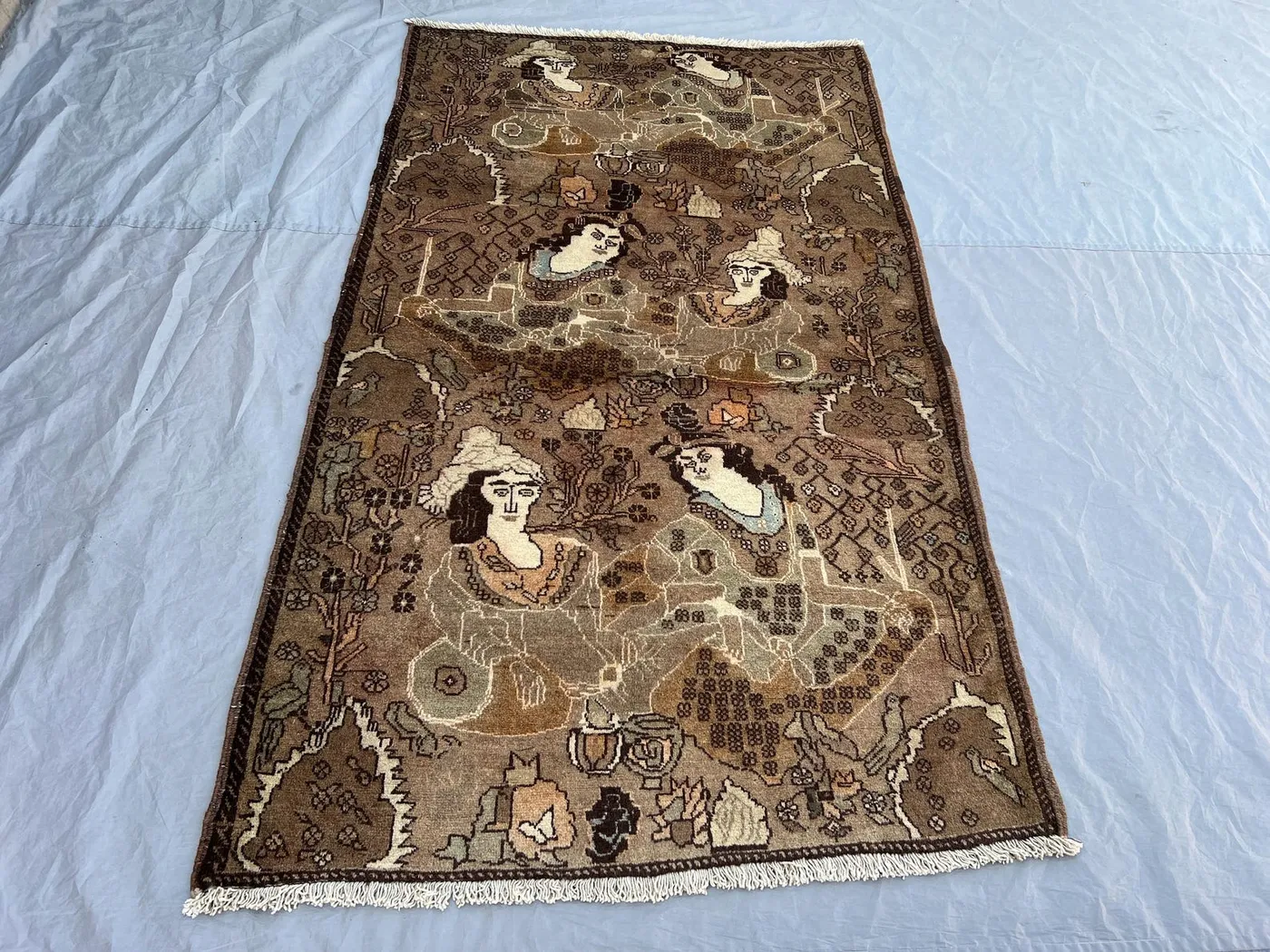 4x7 ft Vintage Afghan Pictorial Figurative Rug | Hand Knotted Courtly Garden Scene Human Figures | Brown Taupe Ivory | Collector Art Rug