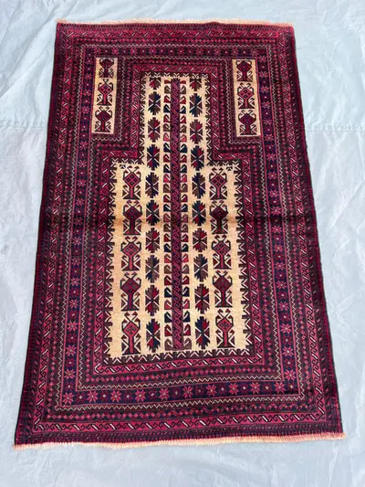 3x4'9 ft Vintage Afghan Baluchi Style Prayer Rug | Mihrab Tree of Life Hand Knotted Camel Field | Red Navy Cam