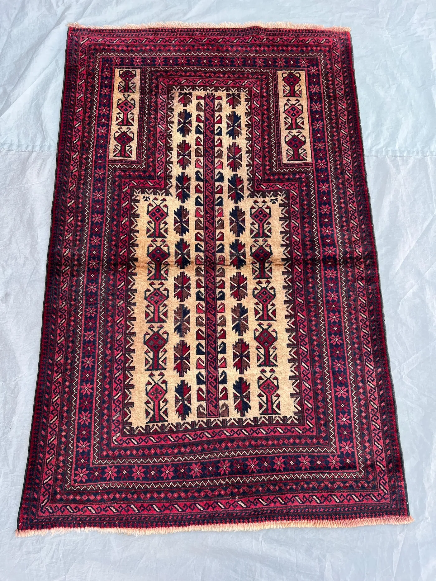 3x4'9 ft Vintage Afghan Baluchi Style Prayer Rug | Mihrab Tree of Life Hand Knotted Camel Field | Red Navy Camel | Boho Accent Prayer Rug
