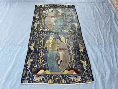 3'6x6'7 ft Vintage Afghan Pictorial Figurative Rug | Large Courtly Figures Garden Scene Hand Knotted | Royal B