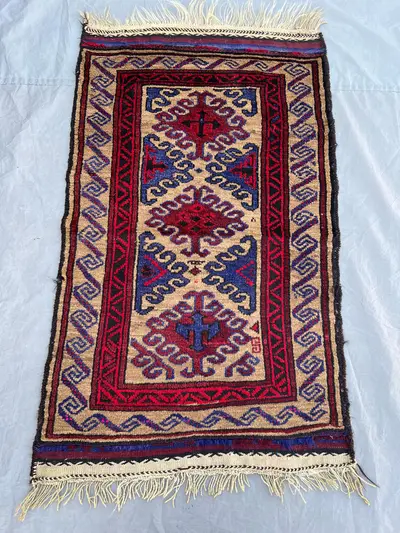 2'5x4 ft Vintage Afghan Rug – Geometric Design, Red & Blue Tribal Motifs, Handmade, Boho Home Decor, Cozy Livi