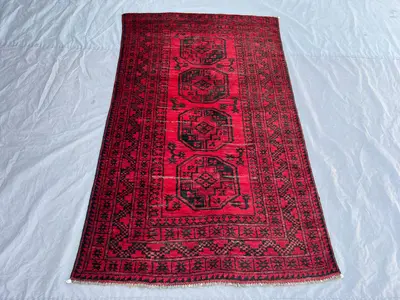 3'7x5'10 ft Vintage Afghan Rug – Red Geometric Tribal Design, Handmade Rug, Cozy Living Room Accent, Boho Home