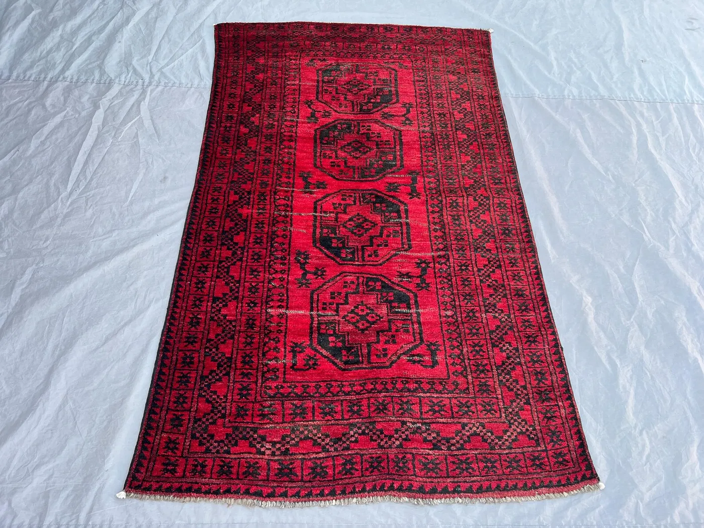 3'7x5'10 ft Vintage Afghan Rug – Red Geometric Tribal Design, Handmade Rug, Cozy Living Room Accent, Boho Home Decor, Decorative Tribal Rug