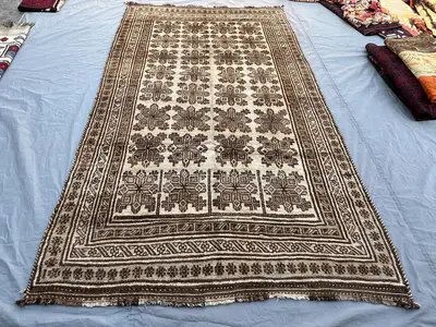 5'1x10'6 ft Vintage Afghan Hand-Knotted Kilim – Geometric Brown and Ivory Design, Handmade, Boho Home Decor, C
