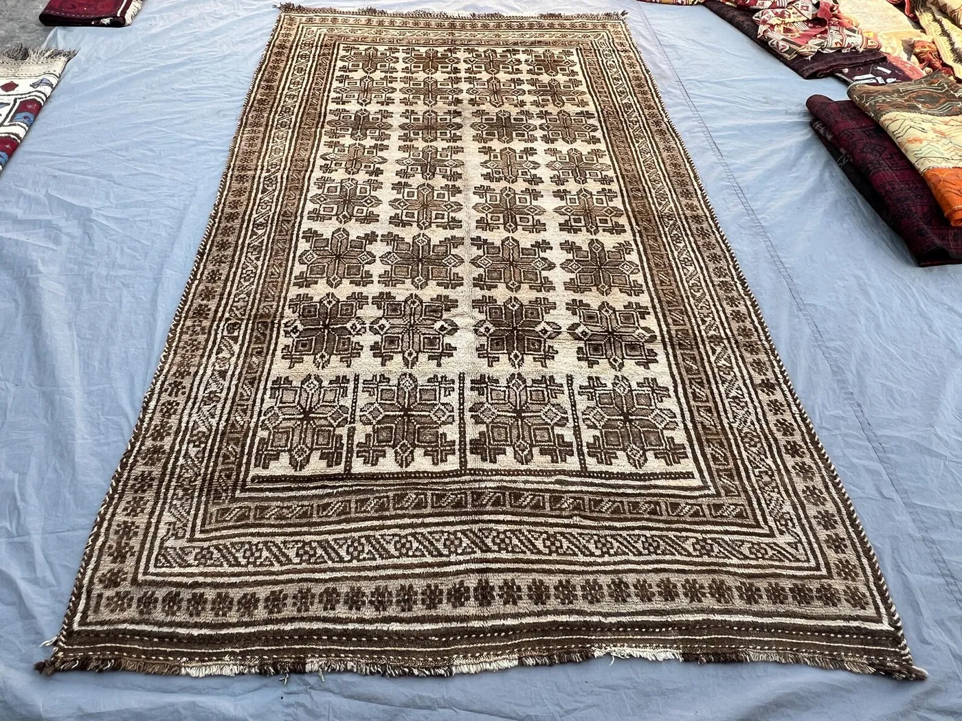 5'1x10'6 ft Vintage Afghan Hand-Knotted Kilim – Geometric Brown and Ivory Design, Handmade, Boho Home Decor, Cozy Living Room
