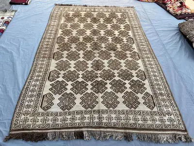 5'10x9'2 ft Vintage Afghan Hand-Knotted Kilim – Geometric Brown and Ivory Design, Handmade, Boho Home Decor, C