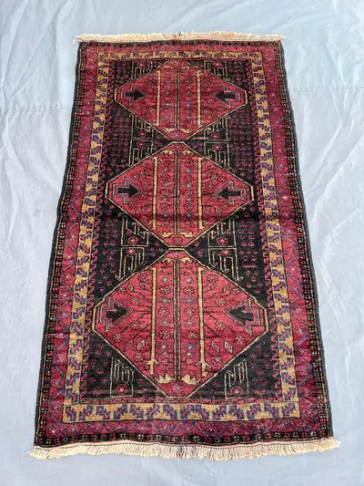 2'10x5'1 ft Vintage Afghan Hand-Knotted Rug – Red and Black Geometric Design, Tribal Motifs, Handmade, Boho Ho