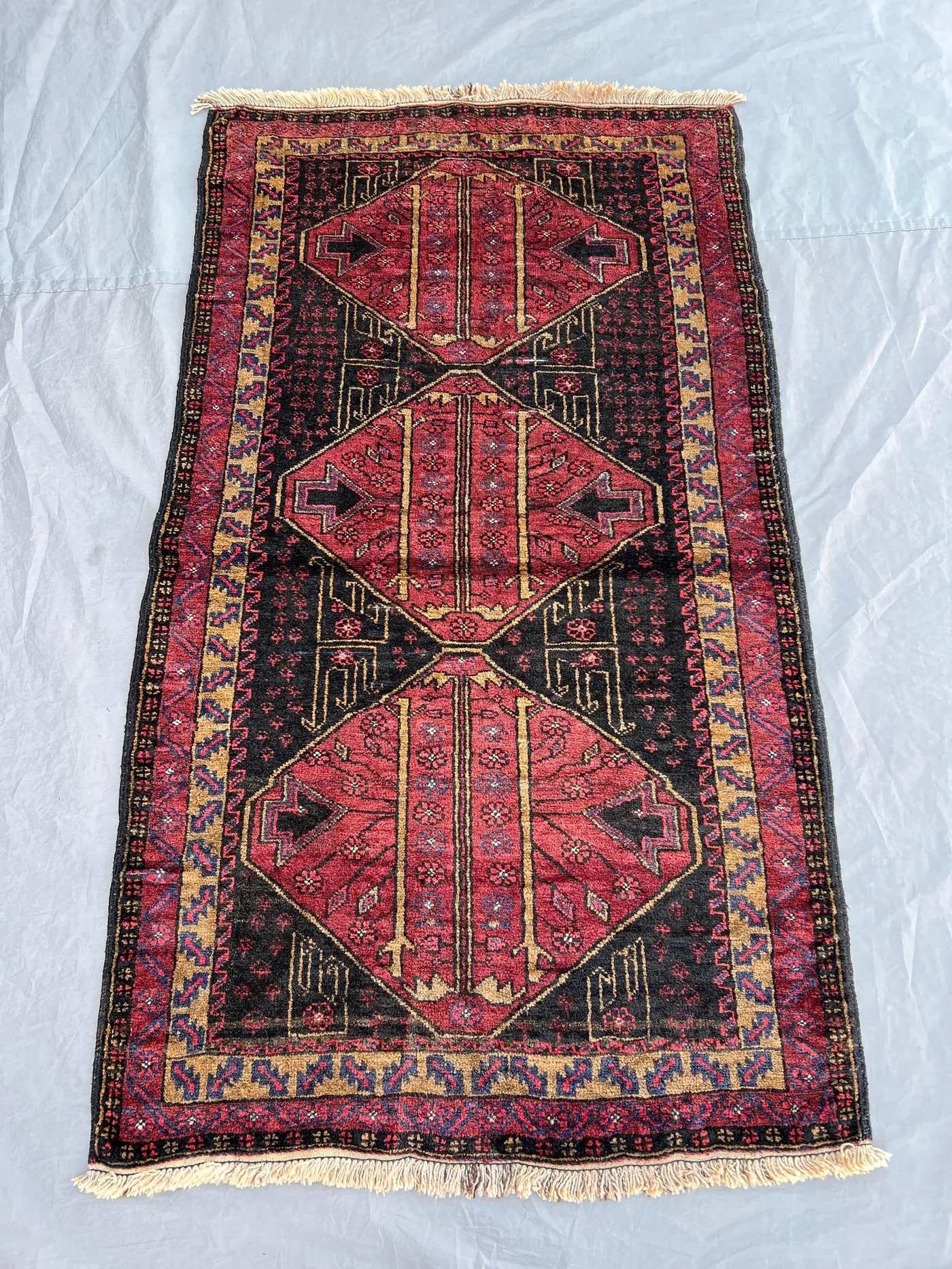 2'10x5'1 ft Vintage Afghan Hand-Knotted Rug – Red and Black Geometric Design, Tribal Motifs, Handmade, Boho Home Decor, Cozy Accent Rug