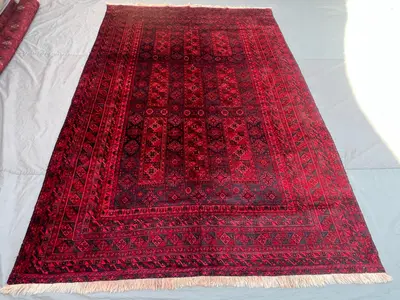 7'2x10'8 Vintage Afghan Turkmen Rug | Hand Knotted Wool Area Rug | Deep Red Black Gul Medallion Rug | Bohemian