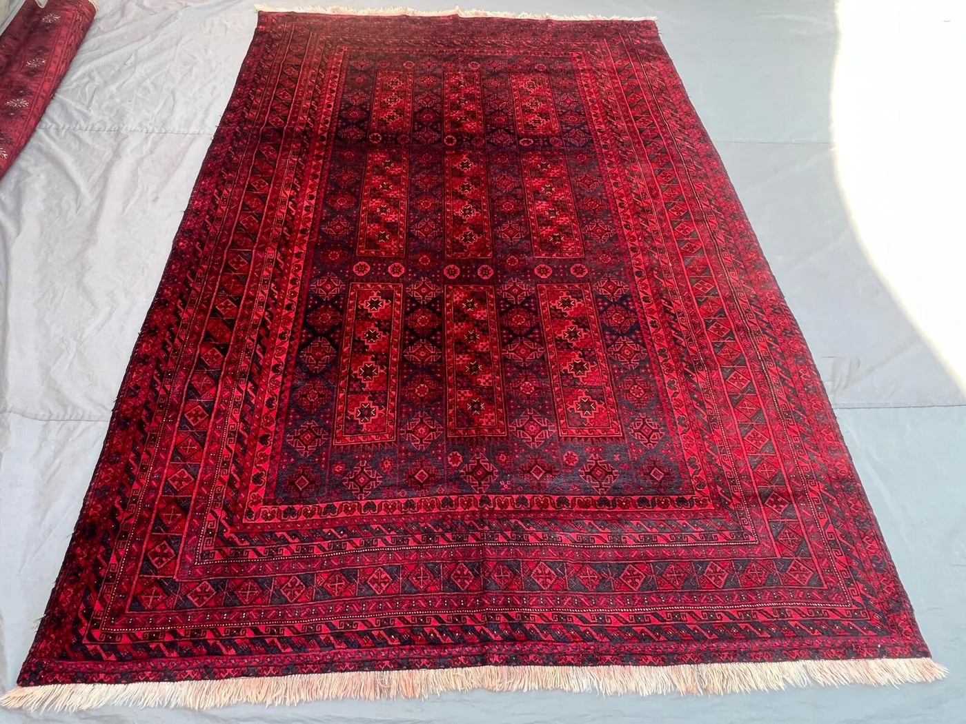 7'2x10'8 Vintage Afghan Turkmen Rug | Hand Knotted Wool Area Rug | Deep Red Black Gul Medallion Rug | Bohemian Living Room Rug Tribal Carpet
