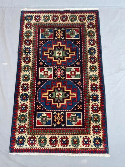 2'4x3'10 Vintage Afghan Kazak Style Rug | Hand Knotted Wool Area Rug | Black Blue Red Geometric Medallion Rug 