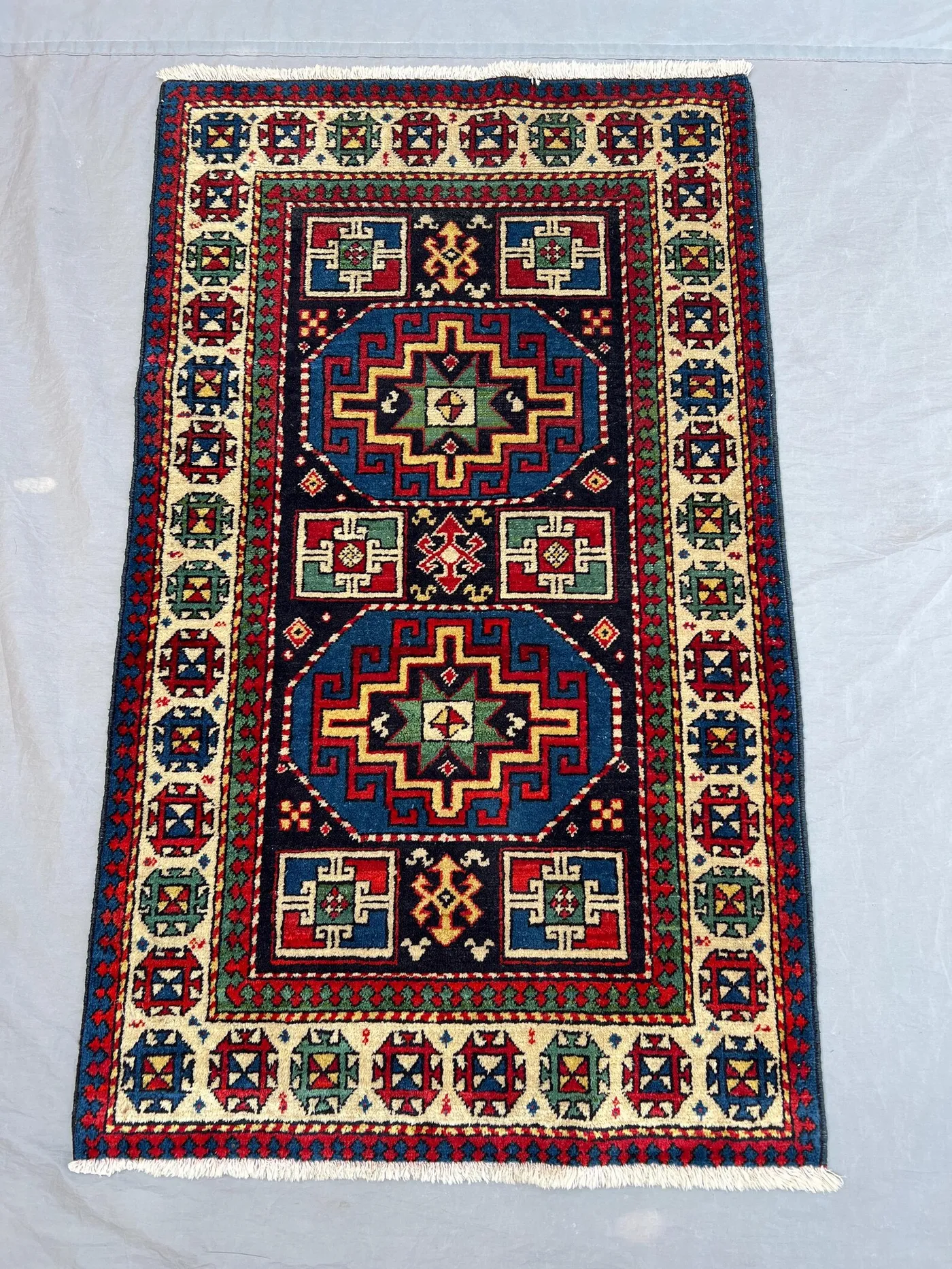 2'4x3'10 Vintage Afghan Kazak Style Rug | Hand Knotted Wool Area Rug | Black Blue Red Geometric Medallion Rug | Accent Rug Caucasian Style