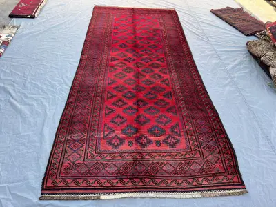 4'9x10'10 ft Vintage Afghan Hand-Knotted Rug – Red Geometric & Tribal Design, Handmade, Boho Home Decor, Cozy 