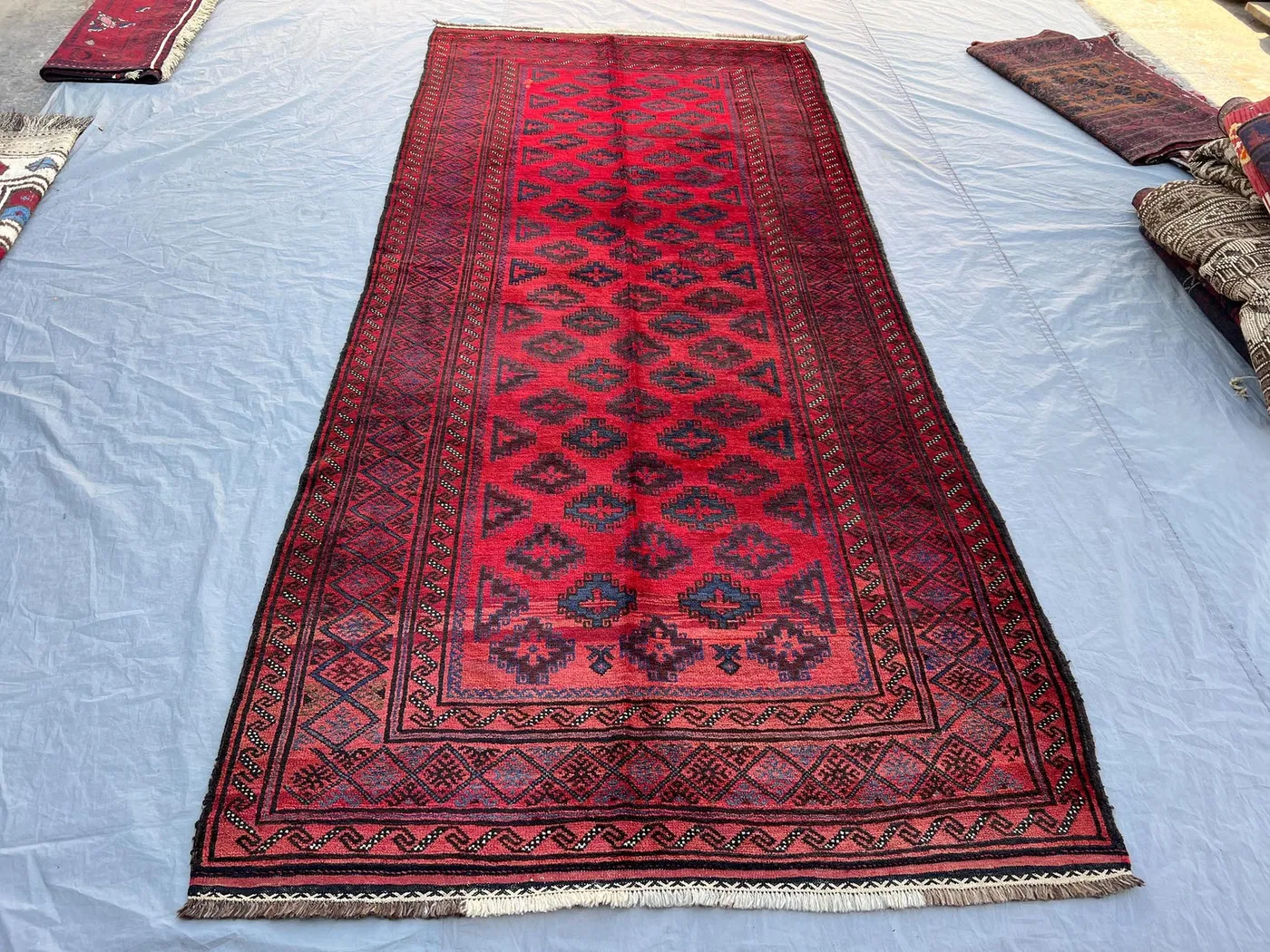 4'9x10'10 ft Vintage Afghan Hand-Knotted Rug – Red Geometric & Tribal Design, Handmade, Boho Home Decor, Cozy Living Room or Hallway