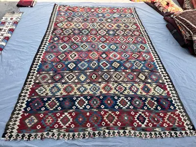 6'9x10'5 ft Vintage Afghan Kazak Style Kilim | Bold Banded Diamond Medallion Flat Weave Caucasian | Red Blue I