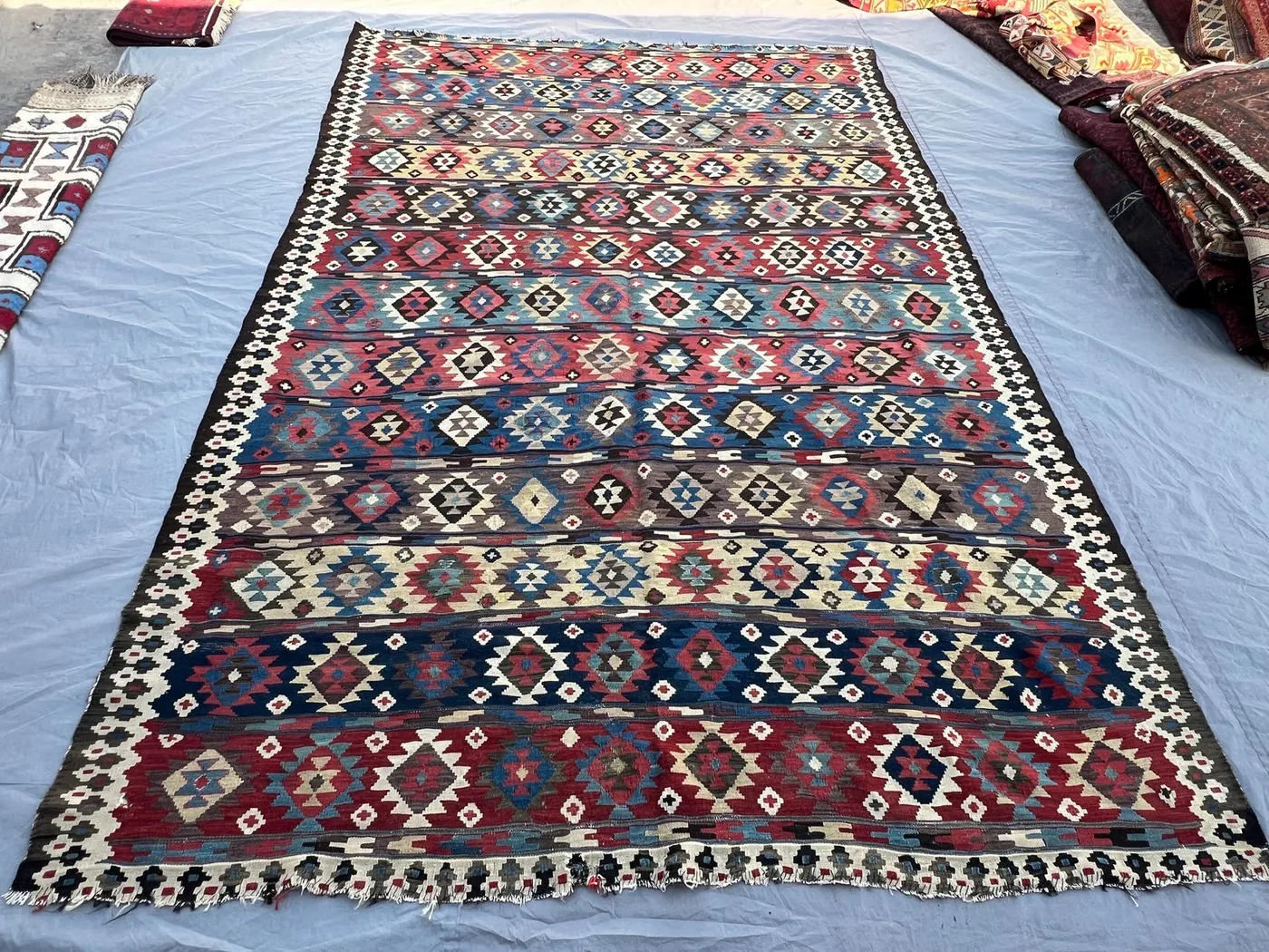 6'9x10'5 ft Vintage Afghan Kazak Style Kilim | Bold Banded Diamond Medallion Flat Weave Caucasian | Red Blue Ivory | Boho Area Kilim