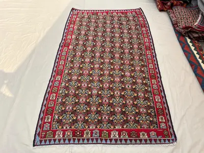 4'2x6'8 Vintage Afghan Flat Woven Wool Kilim Dark Navy Red All Over Dense Floral Boteh Multicolor Tribal Boho 