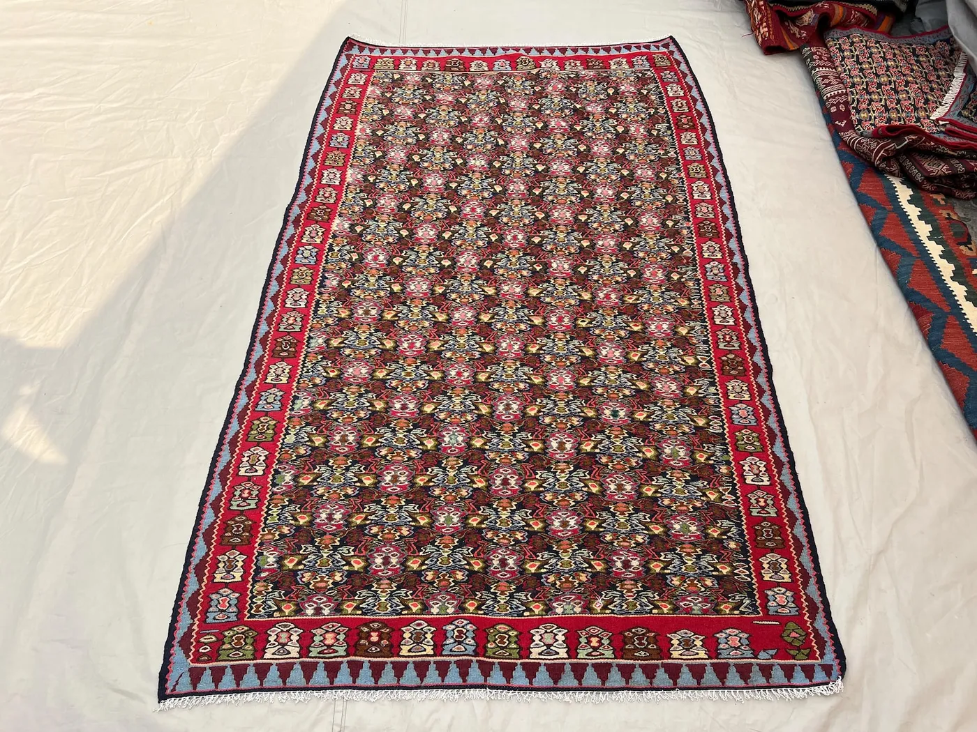 4'2x6'8 Vintage Afghan Flat Woven Wool Kilim Dark Navy Red All Over Dense Floral Boteh Multicolor Tribal Boho Living Room Accent Carpet