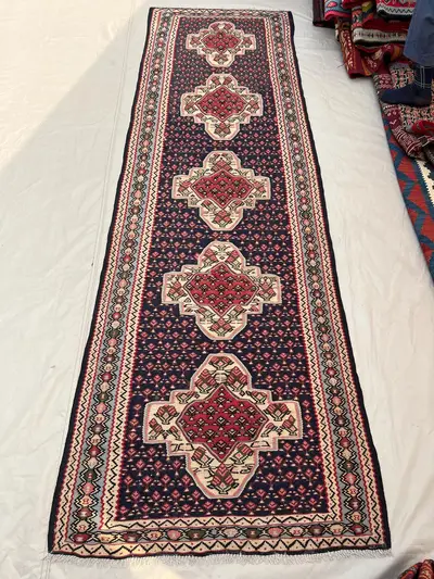 2'11x9'5 Vintage Afghan Flat Woven Wool Kilim Runner Navy Red Ivory Repeating Diamond Medallion Dense Boteh Bo
