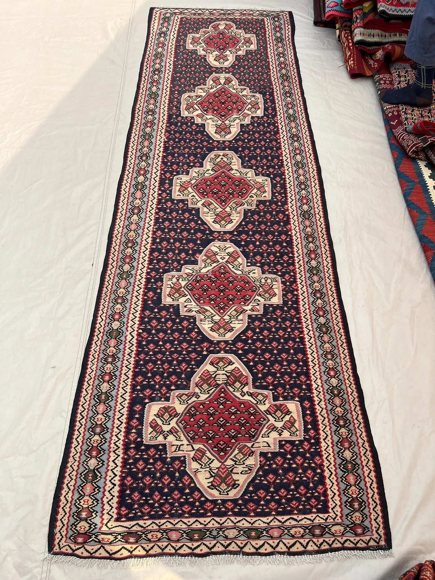 2'11x9'5 Vintage Afghan Flat Woven Wool Kilim Runner Navy Red Ivory Repeating Diamond Medallion Dense Boteh Boho Hallway Runner Carpet